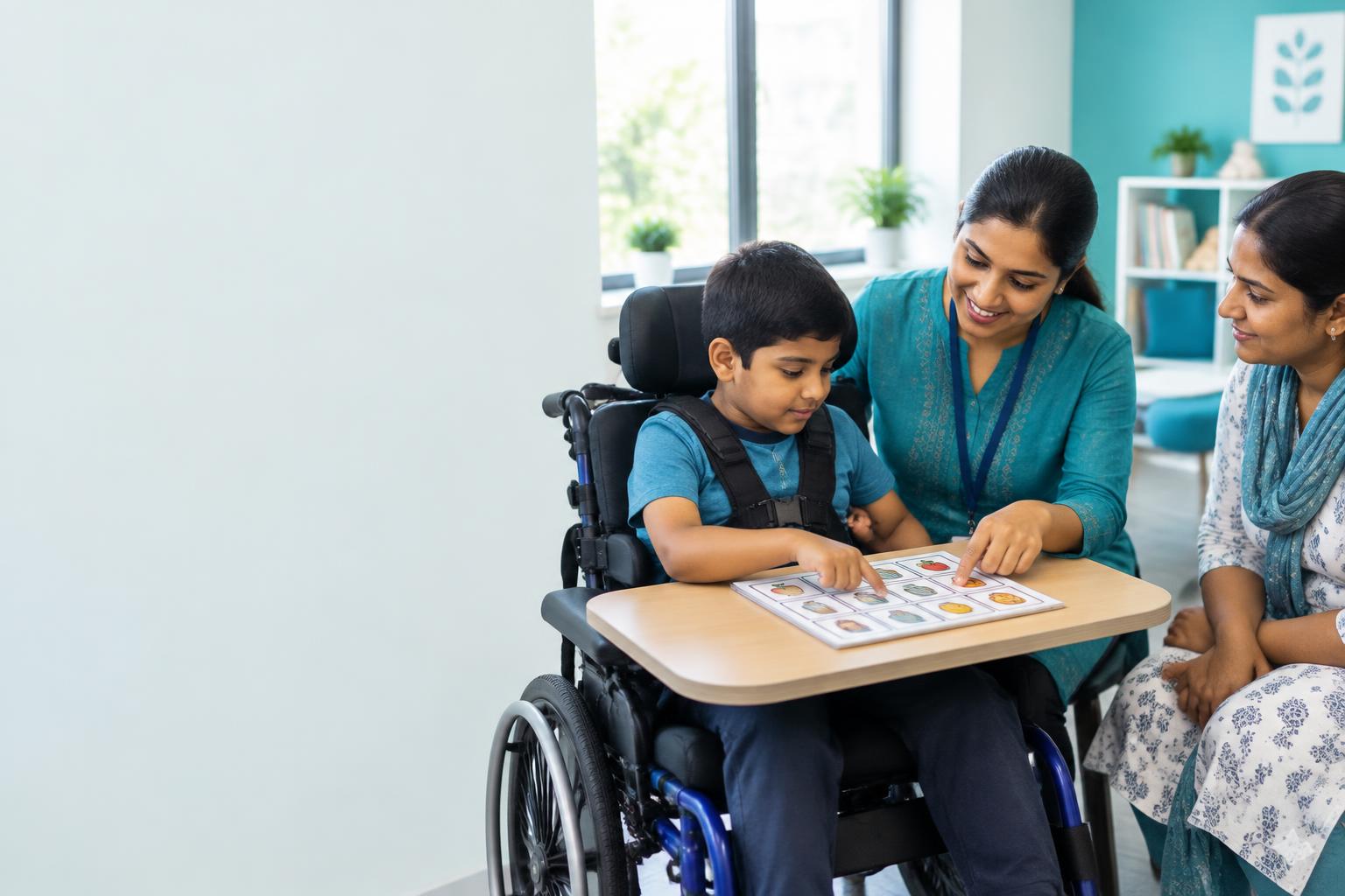 A child using a picture communication board with support from a therapist and parent