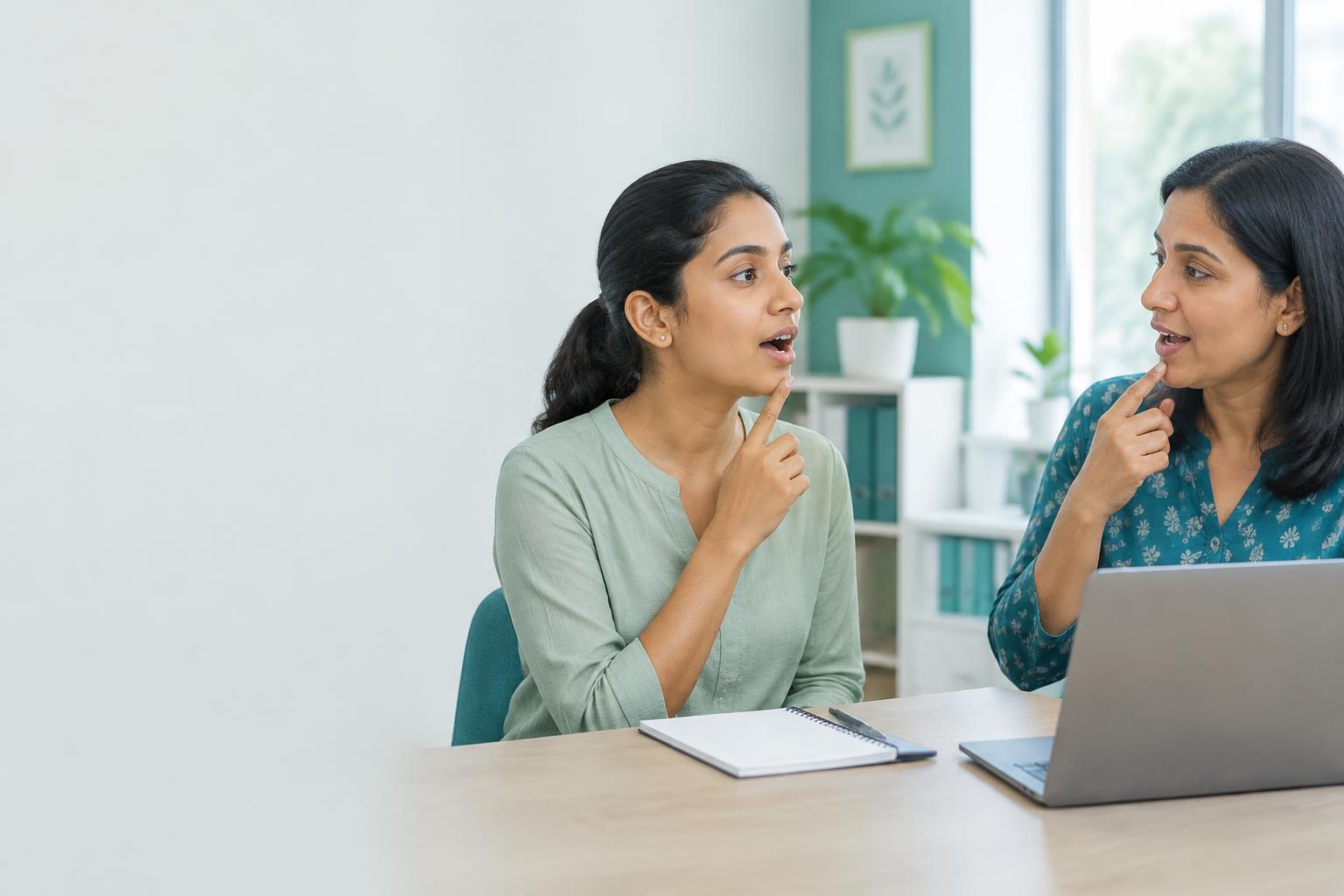 An adult practicing pronunciation with a speech coach