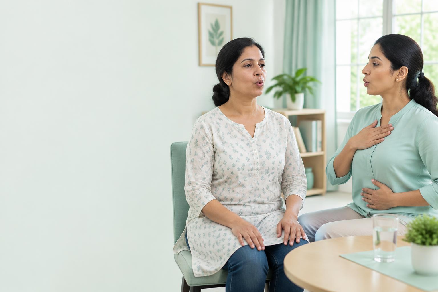 An adult and therapist practicing gentle breathing and voice exercises